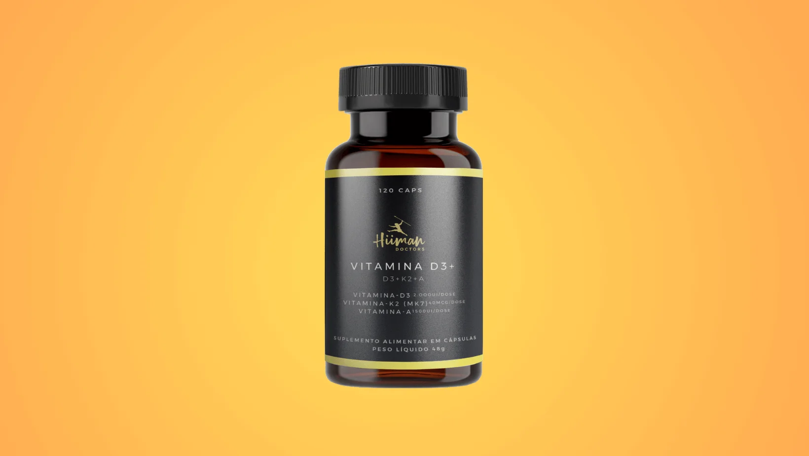 vitamina d3 k2 A em um fundo degradê de amarelo para laranja